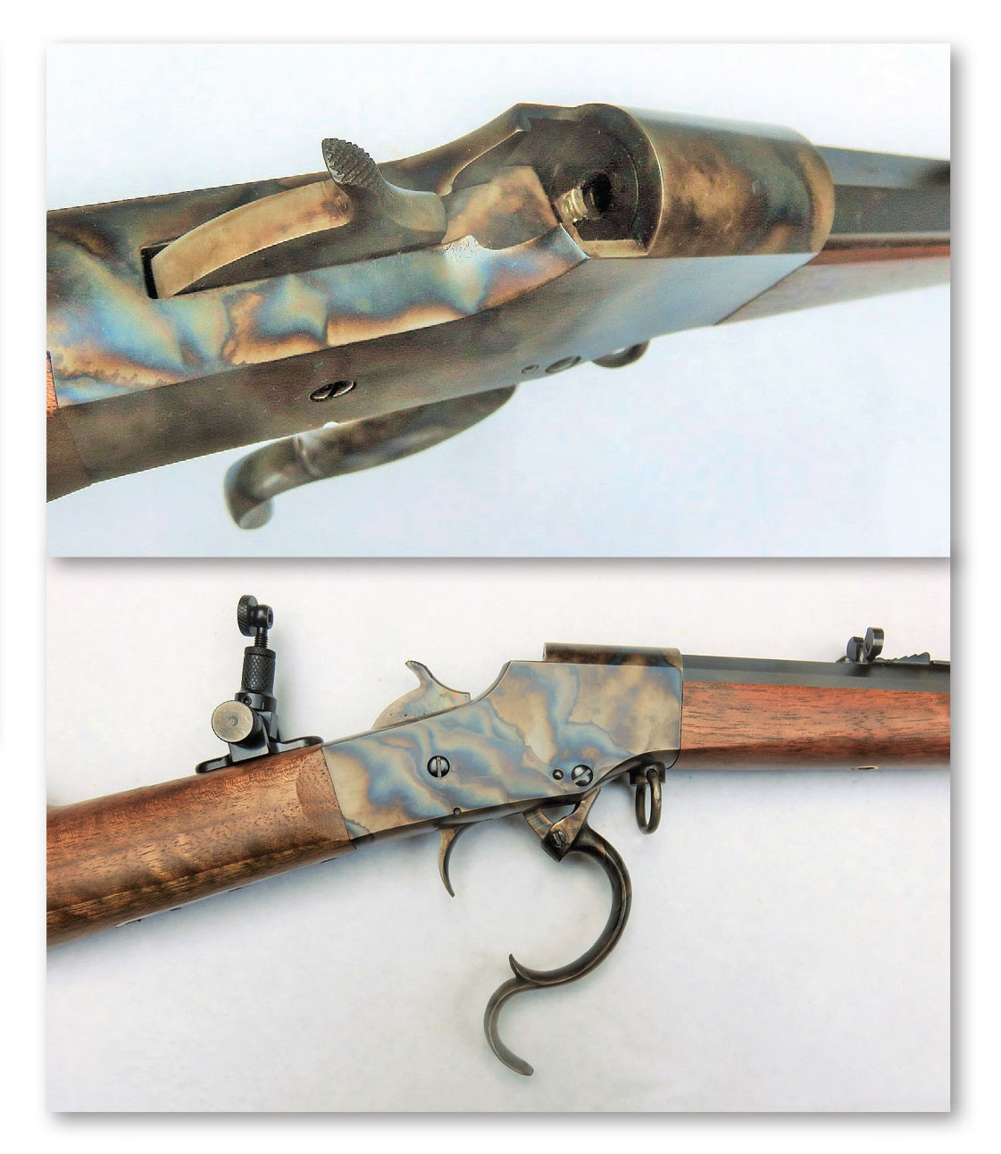 Close ups of a C. Sharps Hopkins and an Allen rifle; note cosmetic “takedown” ring at the front of the receiver.